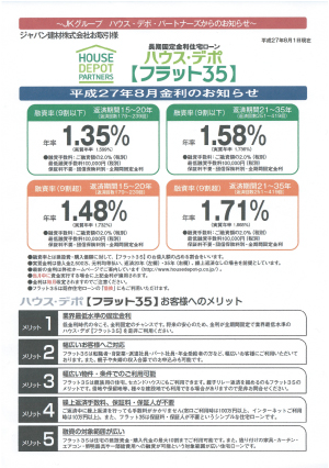 ハウス・デポ　フラット３５｜平成２７年８月金利のお知らせ